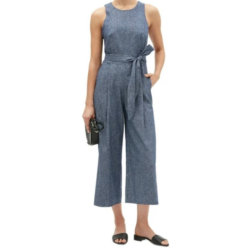 Banana Republic Women Chambray Blue Linen Blend Tie Waist Jumpsuit, Size 4